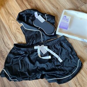 Stars above satin PJ set with mask.